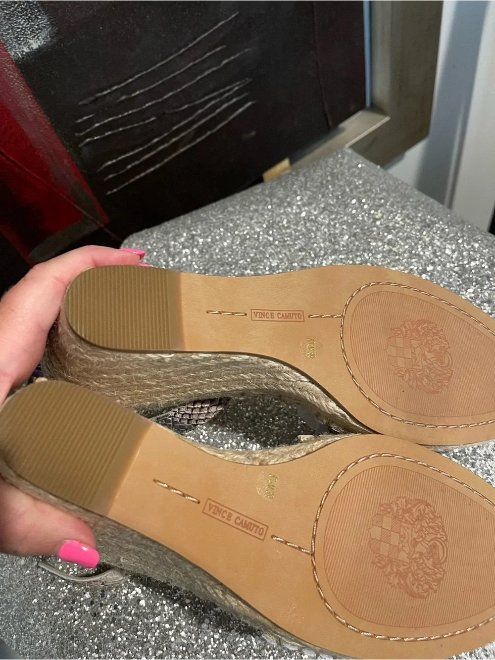 Vince Camuto Snake-Print Espadrille Sandal in Beige and Gray